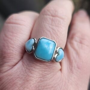 Handmade Sterling Silver 925 3 Stone Larimar Heart Ring Size 7 Chain Detail